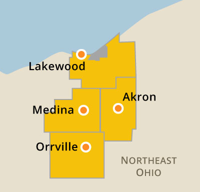 Map showing University of Akron sites in Medina, Lakewood, Orrville and elsewhere