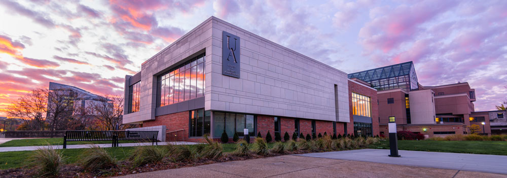 The College of Business Administration building on the University of Akron Campus at sunrise